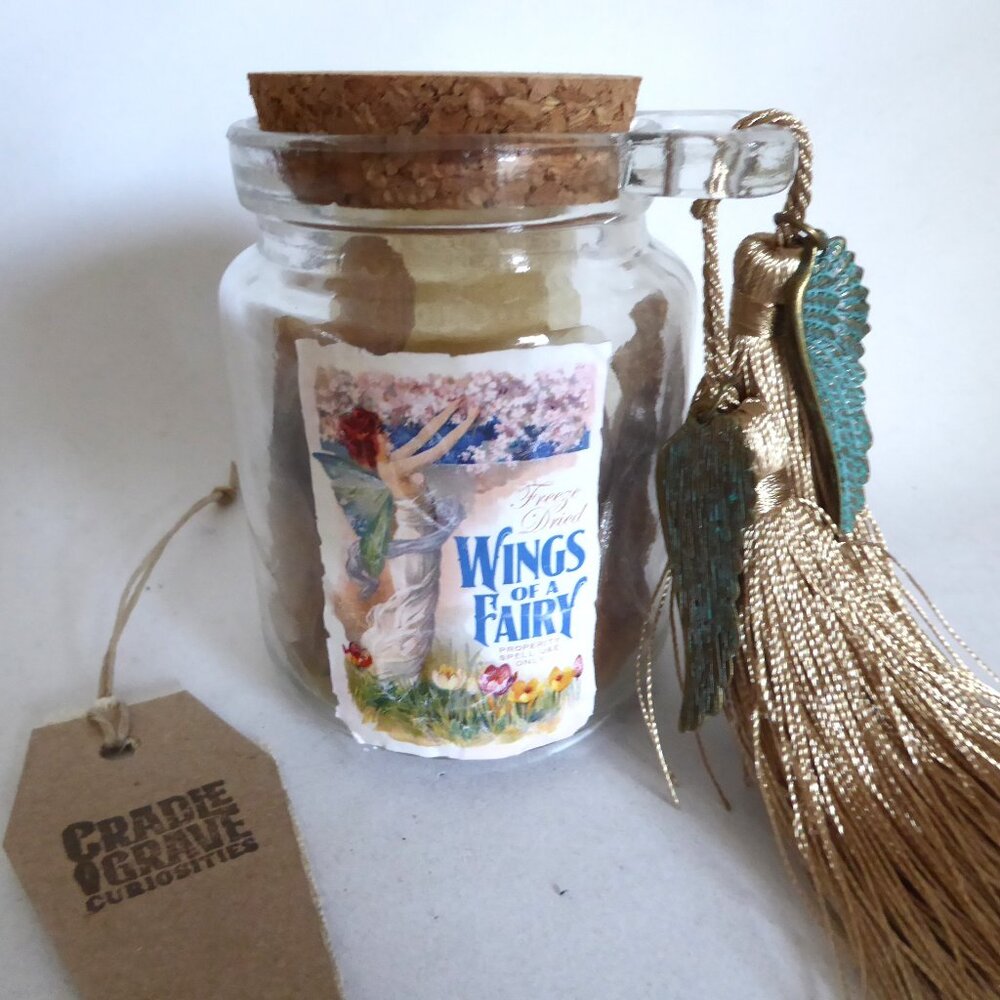 NEW 4.25” APOTHECARY FREEZE DRIED FAIRY WINGS HALLOWEEN GLASS BOTTLE PROP ODDITY